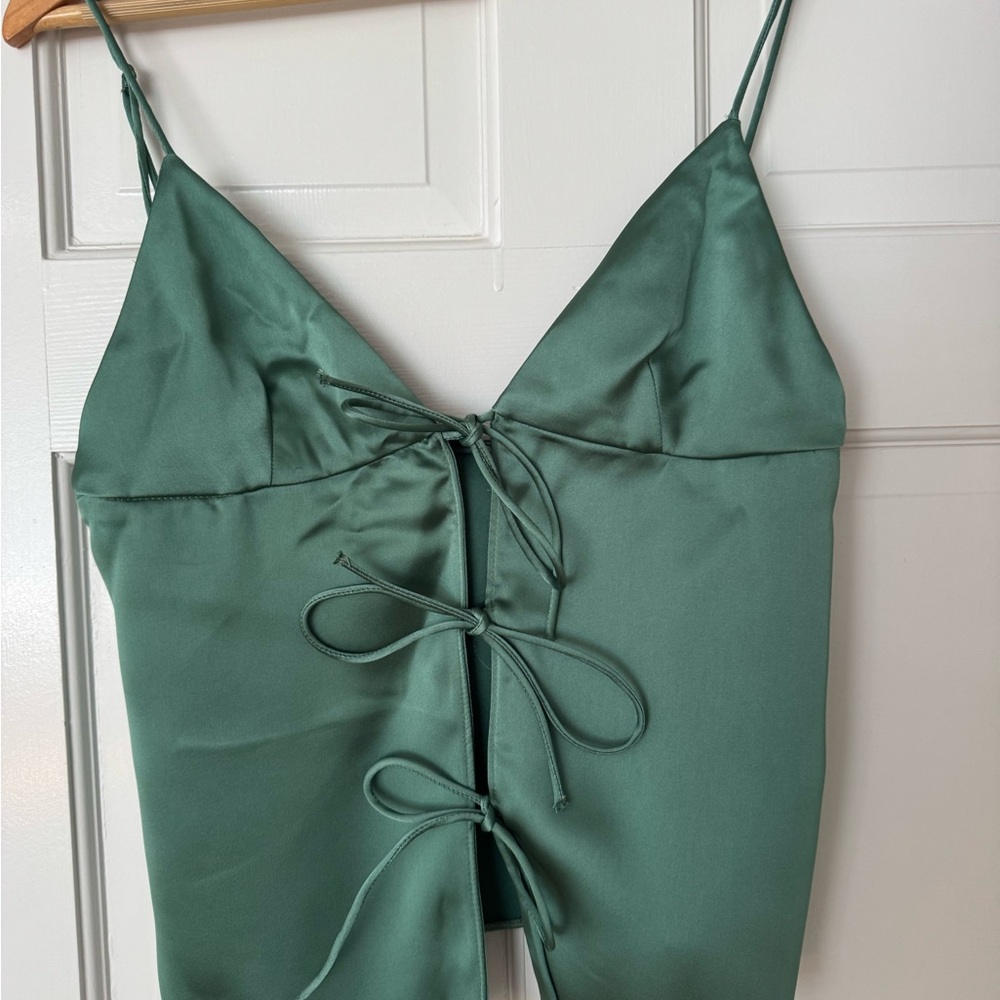 Zara Green Satin Lace-Up Top